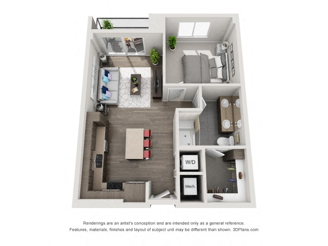 Floor plan for 1 bed, 1 bath, 747 sqft